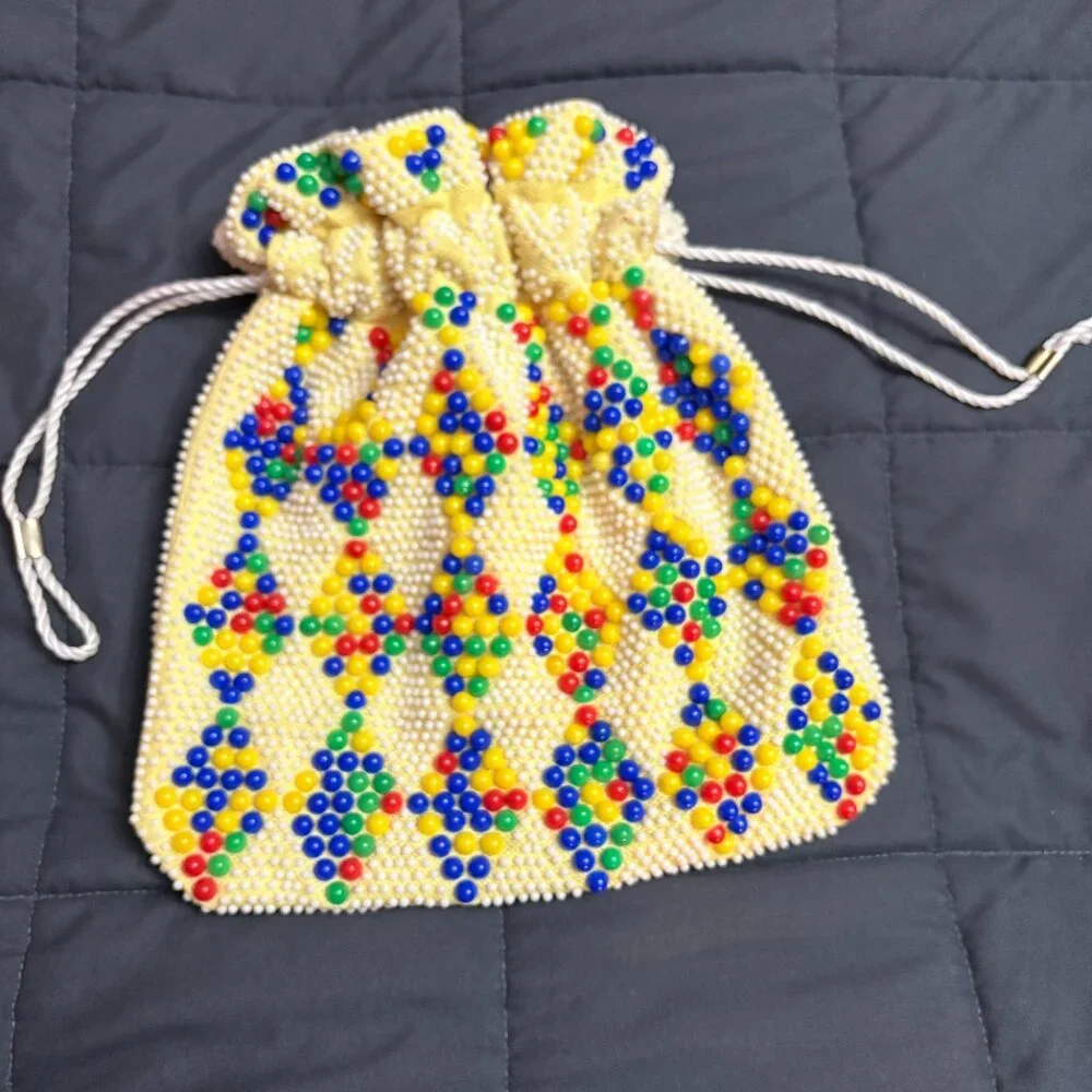 Vintage Reversible 70’s Beaded Drawstring Purse / Sack Boho Hippy Festival Pouch - Picture 1 of 13